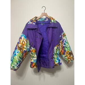 Womens Puffer Jacket Multicolor Abstract Print Size M Retro Ski Coat Vintage